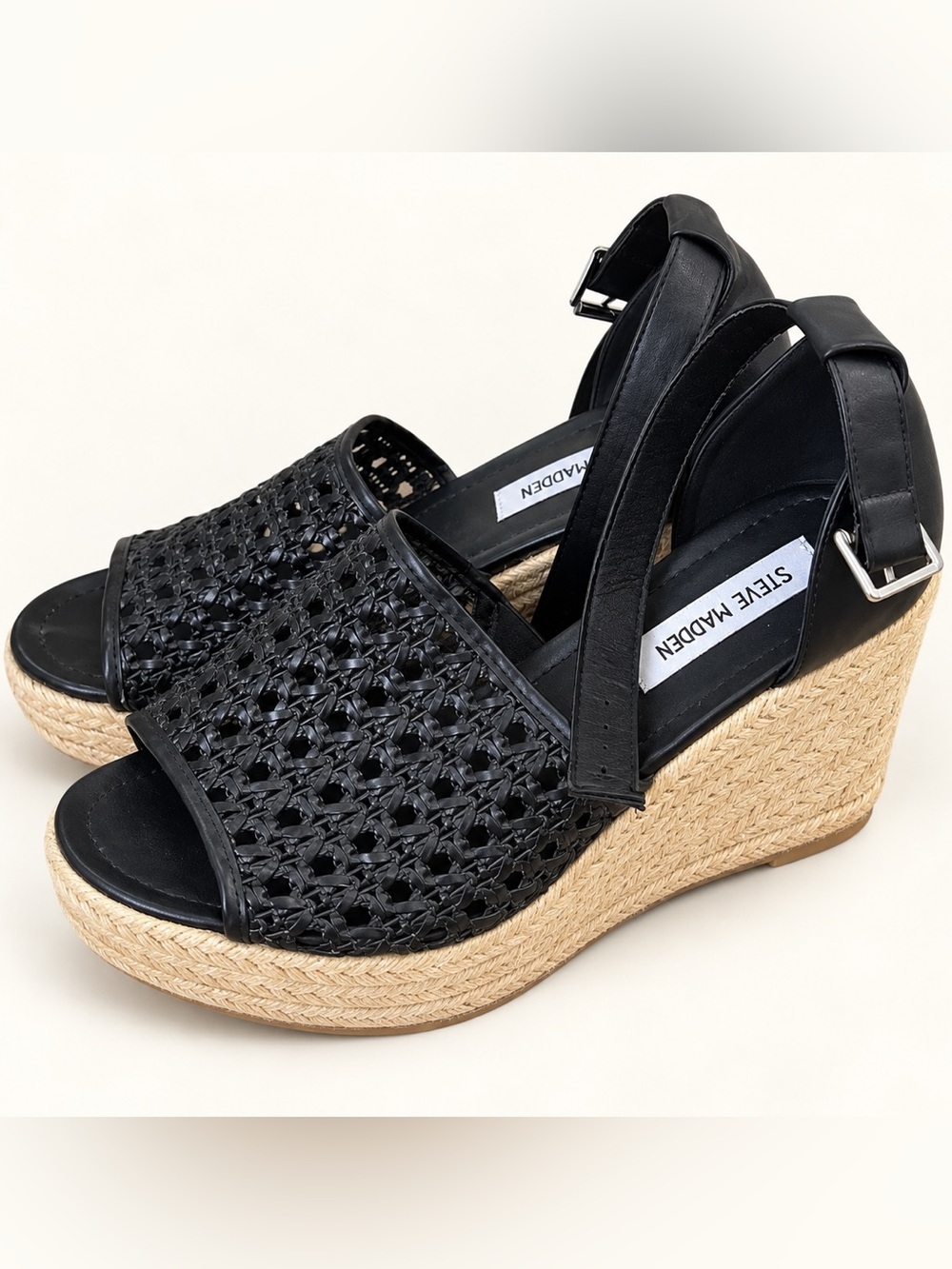 Steve Madden Black Woven Espadrille Wedge Sandals Size 9.5
